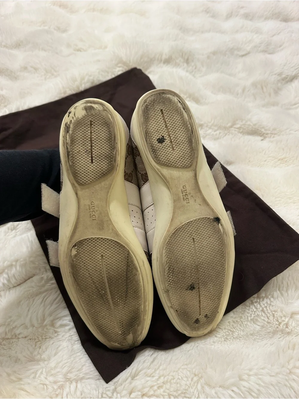 Gucci GG Canvas & White Leather Double Strap Sneakers 39.5 Authentic + Dust Bag